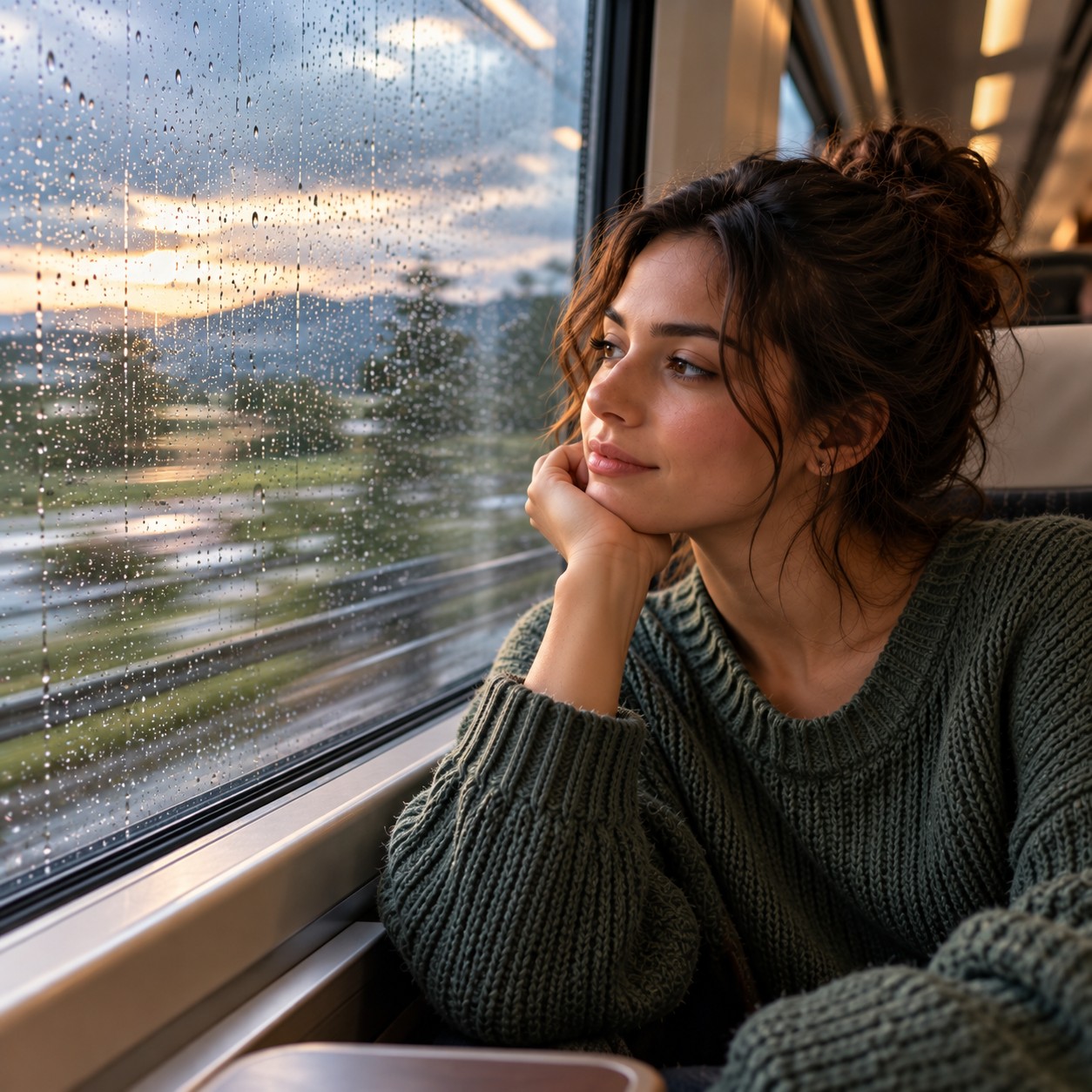 A woman reflecting beside a rain-covered train window
