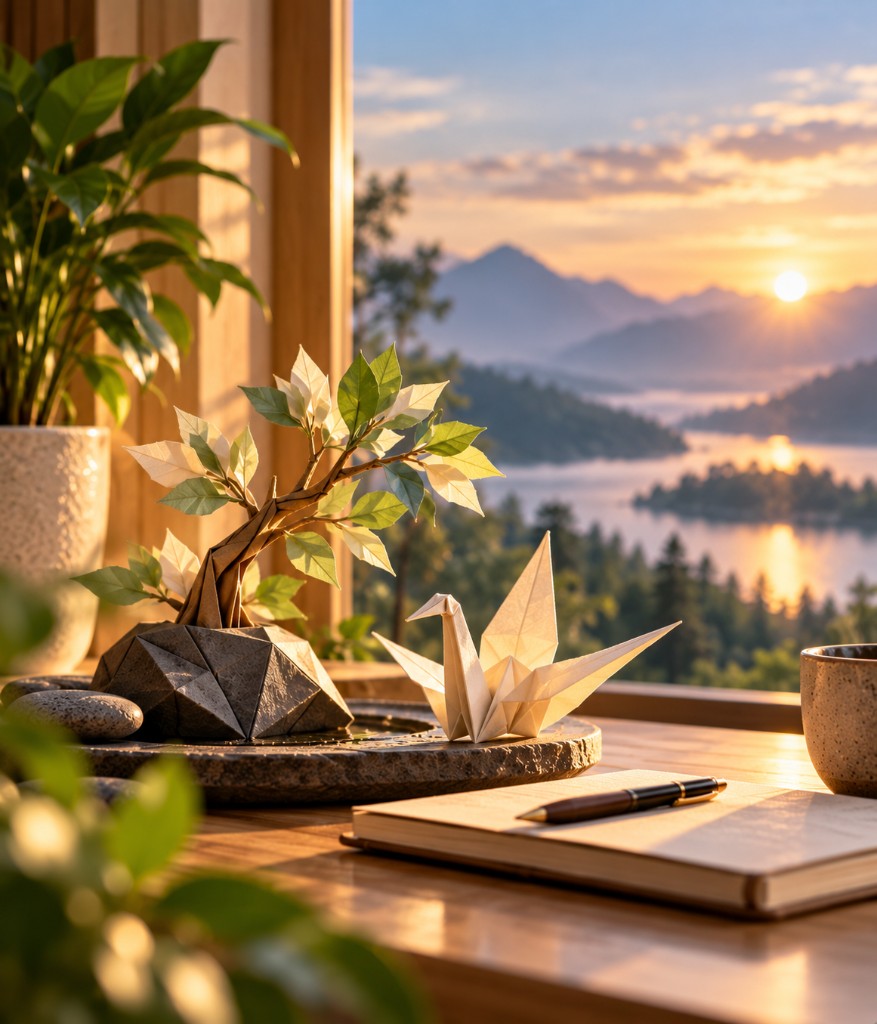Origami tree and crane beside an open journal, looking out on a golden-hour lake